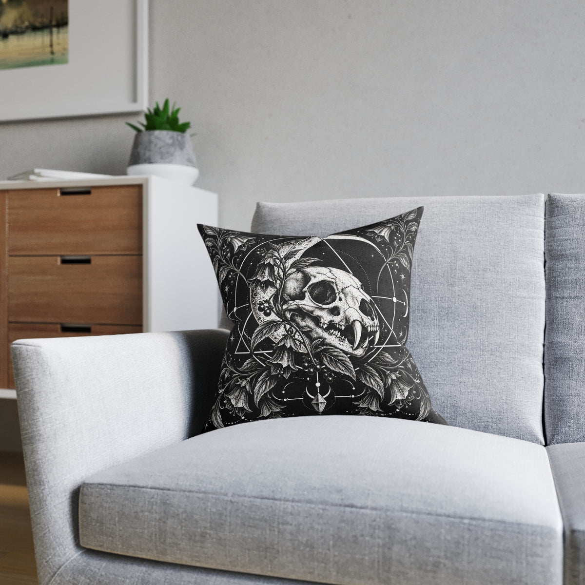 Cat Skull Gothic Moon Botanical Cushion | Decorative Sofa Pillow