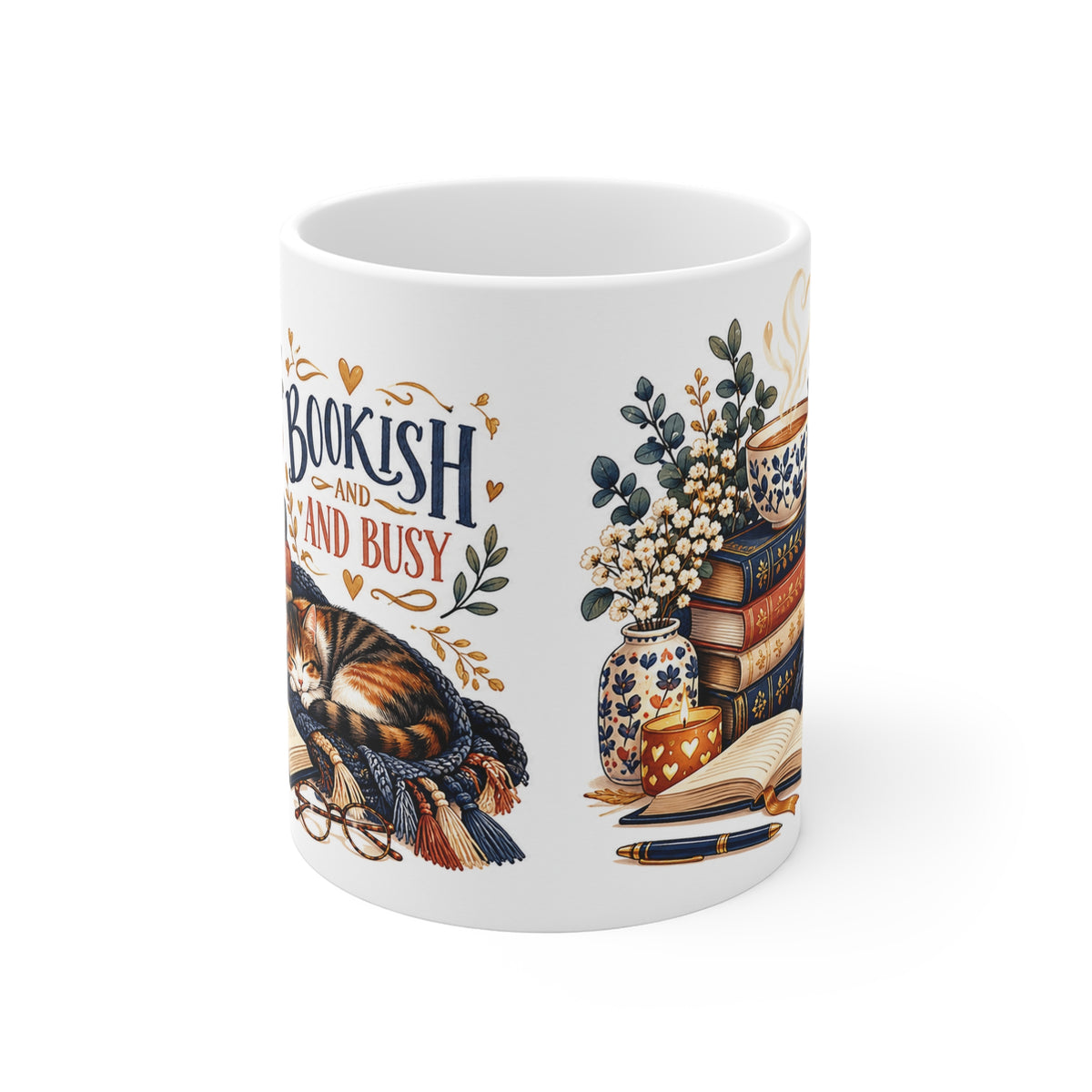 Bookish & Busy | Cute Book and Cat Lovers Coffee Mug Gift (11oz)