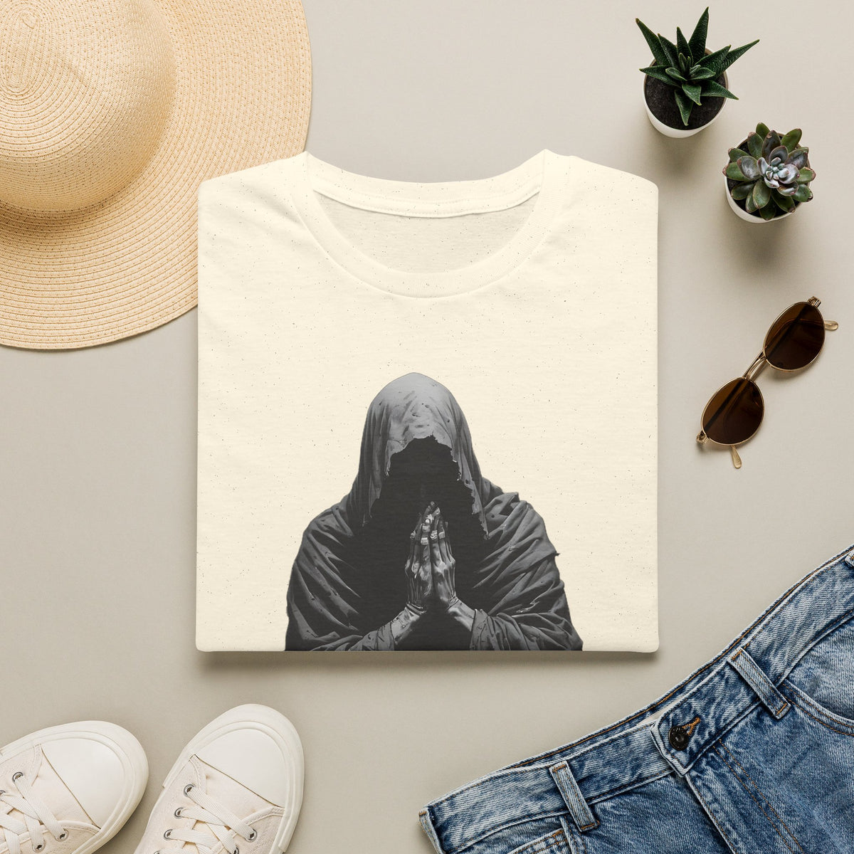 Hooded Figure Prayer T‑Shirt — Gothic Mystical Graphic Tee