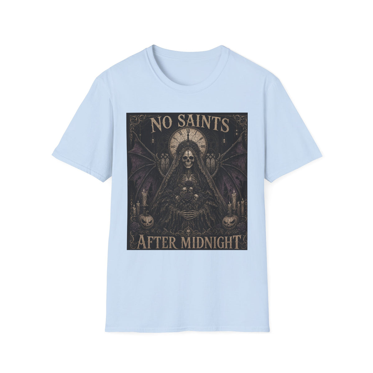 No Saints Graphic T-Shirt — Gothic Skull Clock Design