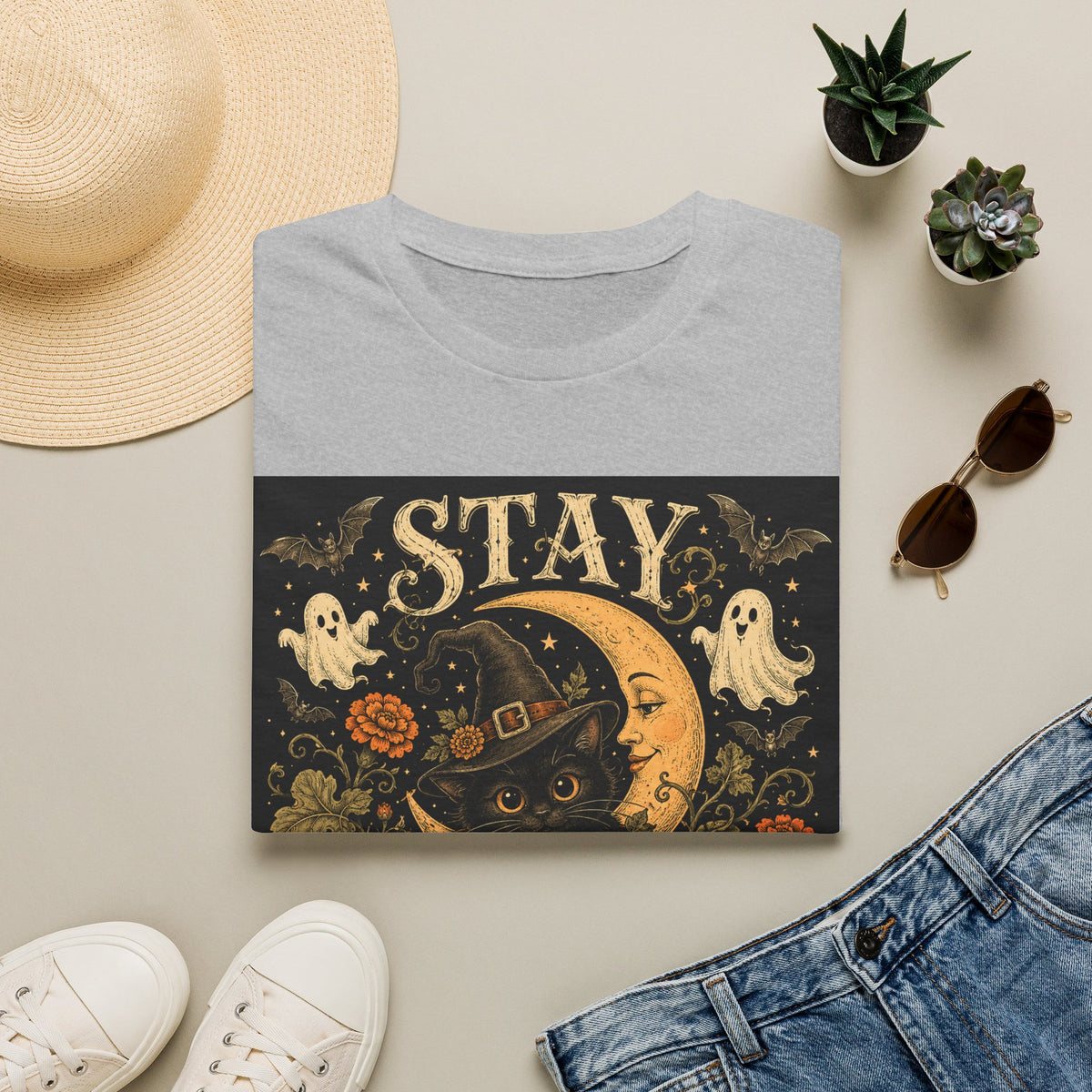 Halloween 'Stay Bewitched' T‑Shirt — Vintage Moon, Black Cat & Pumpkin Design