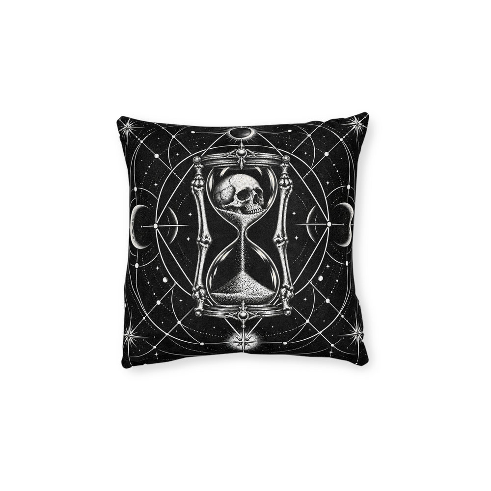 Cushion artwork: A skull sits inside the upper glass of an ornate hourglass, with skeletal supports running down either side.