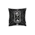 Cushion artwork: A skull sits inside the upper glass of an ornate hourglass, with skeletal supports running down either side.
