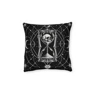 Cushion artwork: A skull sits inside the upper glass of an ornate hourglass, with skeletal supports running down either side.