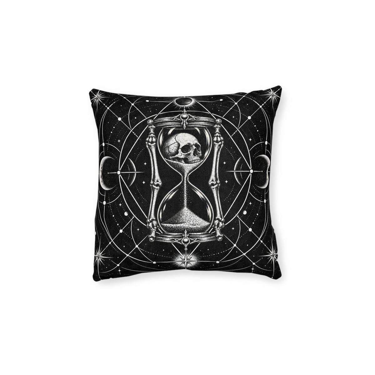 Cushion artwork: A skull sits inside the upper glass of an ornate hourglass, with skeletal supports running down either side.