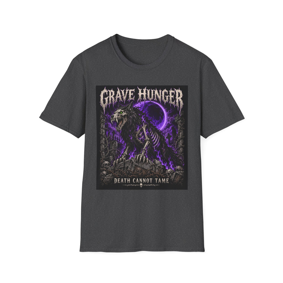 Grave Hunger Gothic Band Tee — Purple Reaper Graphic T-Shirt