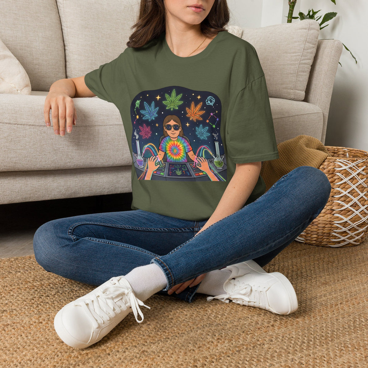 Psychedelic DJ Tee — Tie-Dye Vibes with Leaf Motif