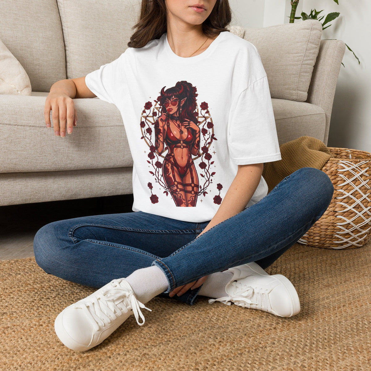Sexy Succubus Tattoo Pin-Up Girl T Shirt - Rose Halo Graphic T-Shirt