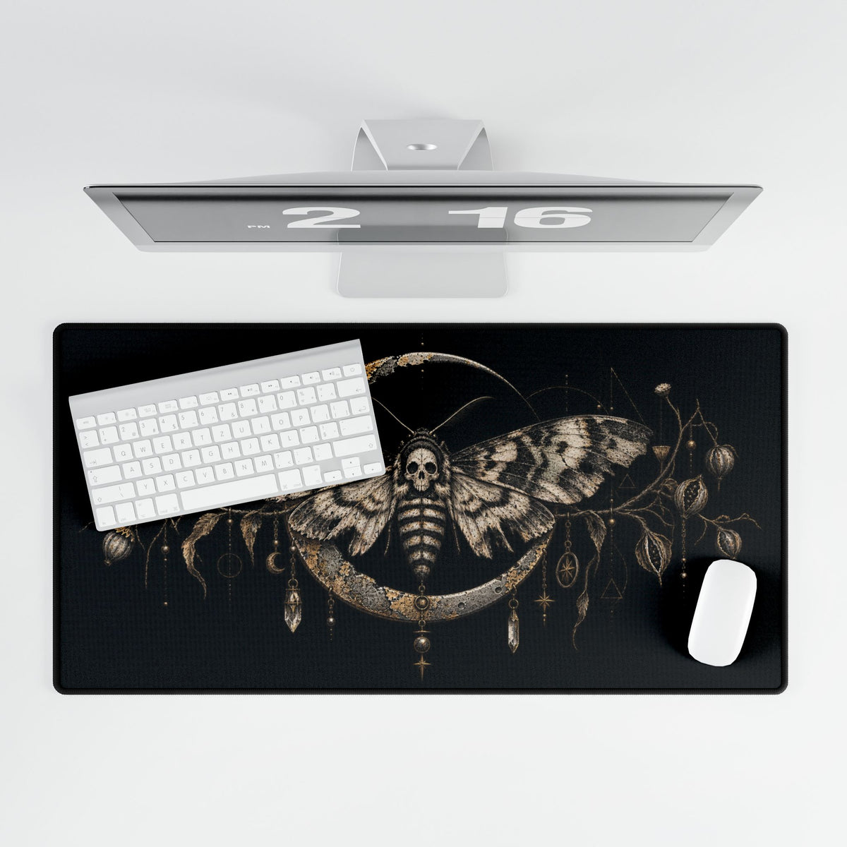 Mouse Mat | Death’s Head Moth & Crescent Moon | Gothic Lunar Art Desk Pad