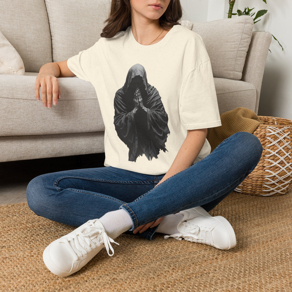 Hooded Figure Prayer T‑Shirt — Gothic Mystical Graphic Tee
