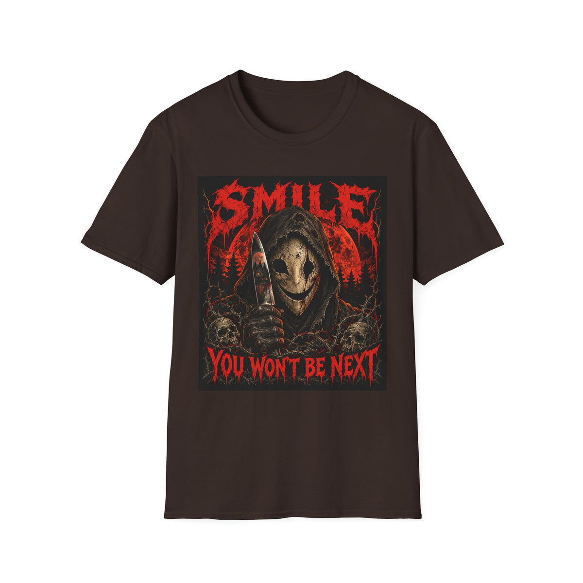 Horror Graphic T-Shirt — "SMILE You Won't Be Next" Creepy Reaper Design