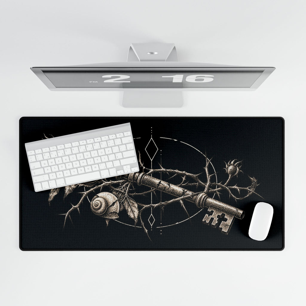 Gothic Key Desk Mat | Antique Skeleton Key with Thorns & Snail Mousepad