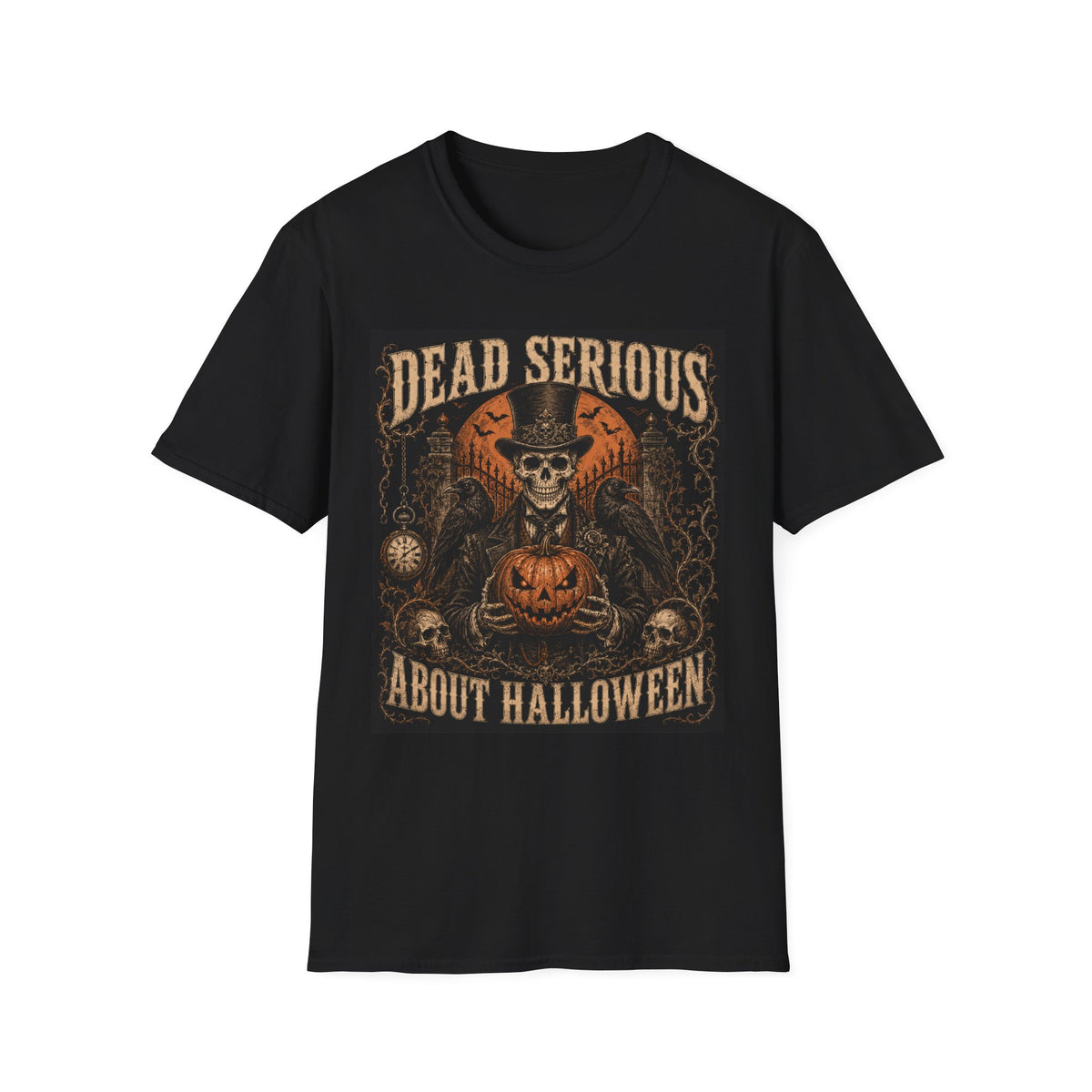 Halloween T-Shirt — "Dead Serious About Halloween" Skull & Pumpkin Vintage Design