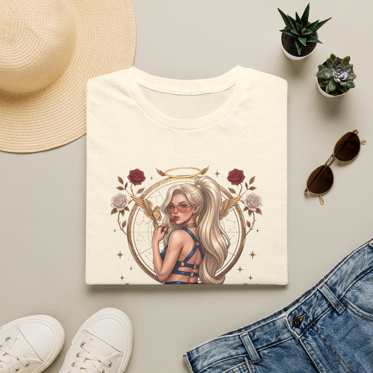 Sexy Angel Blonde Pin-Up Girl T Shirt - Rose Halo Graphic T-Shirt