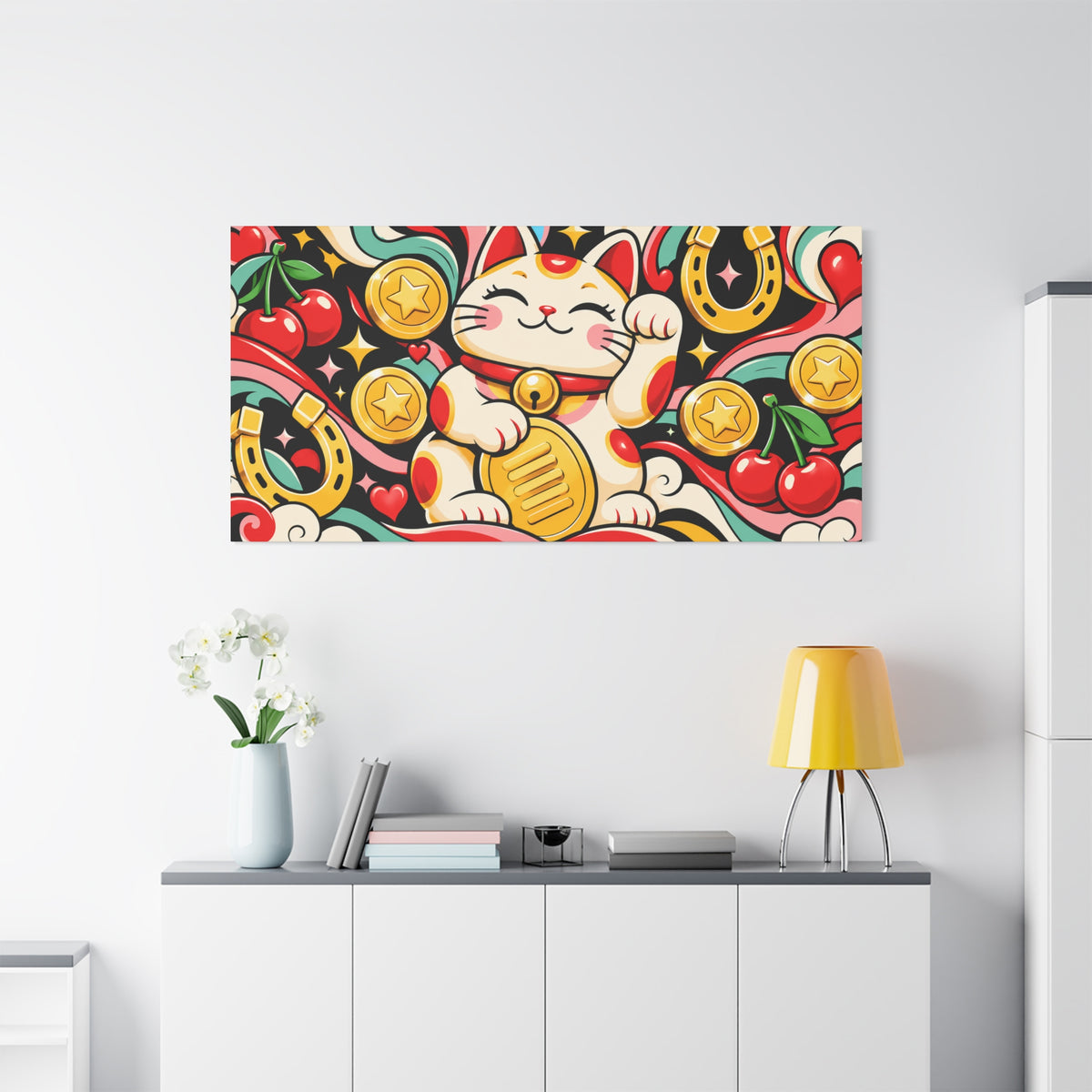 Wall Art | Lucky Cat | Maneki Neko, Gold Coins Retro Pop Art