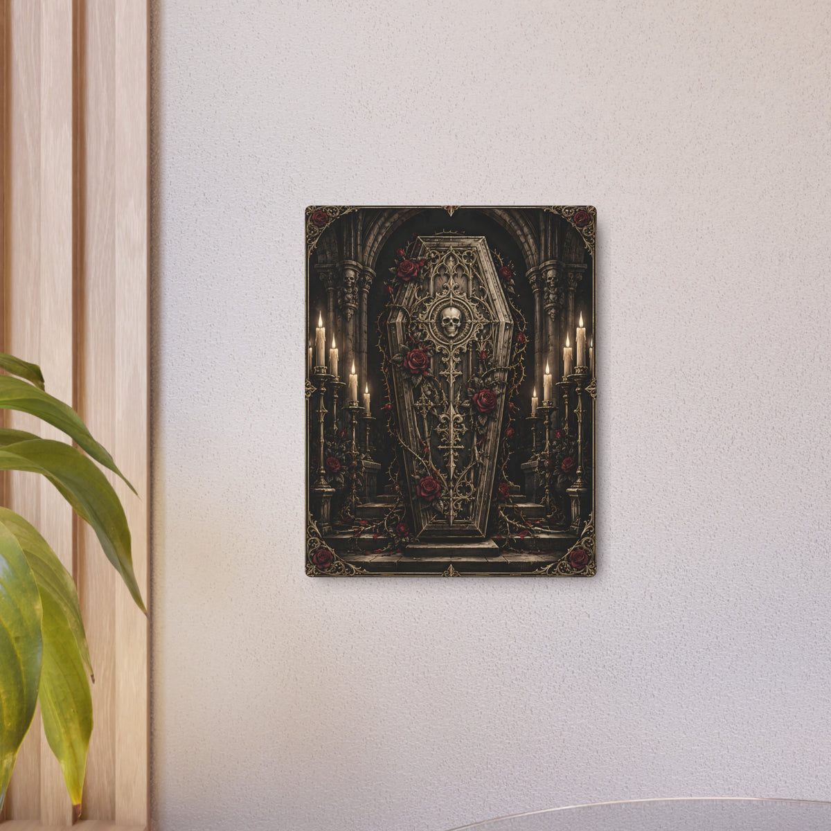 Metal Art Sign | Gothic Coffin and Roses | Occult Wall Art