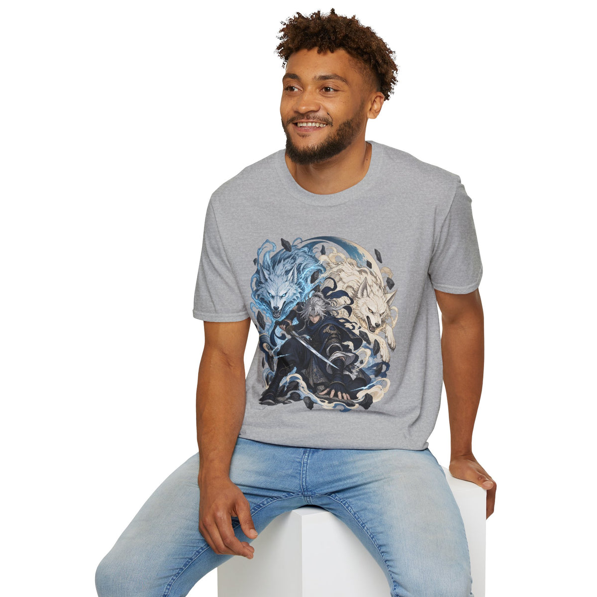 Wolf Spirit T-Shirt | Japanese Samurai | Yin Yang Blue & White Wolves Graphic Tee