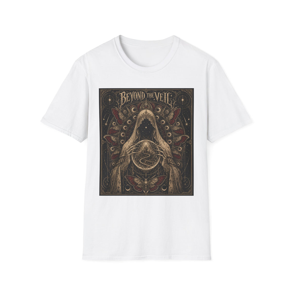 Beyond the Veil T-Shirt — Gothic Mystical Hooded Figure Graphic Tee