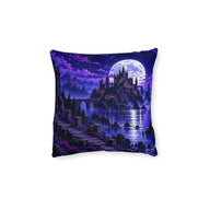 Cushion artwork: A gothic castle rises above a reflective lake beneath a brilliant full moon, with violet clouds and dark pines framing its many towers.
