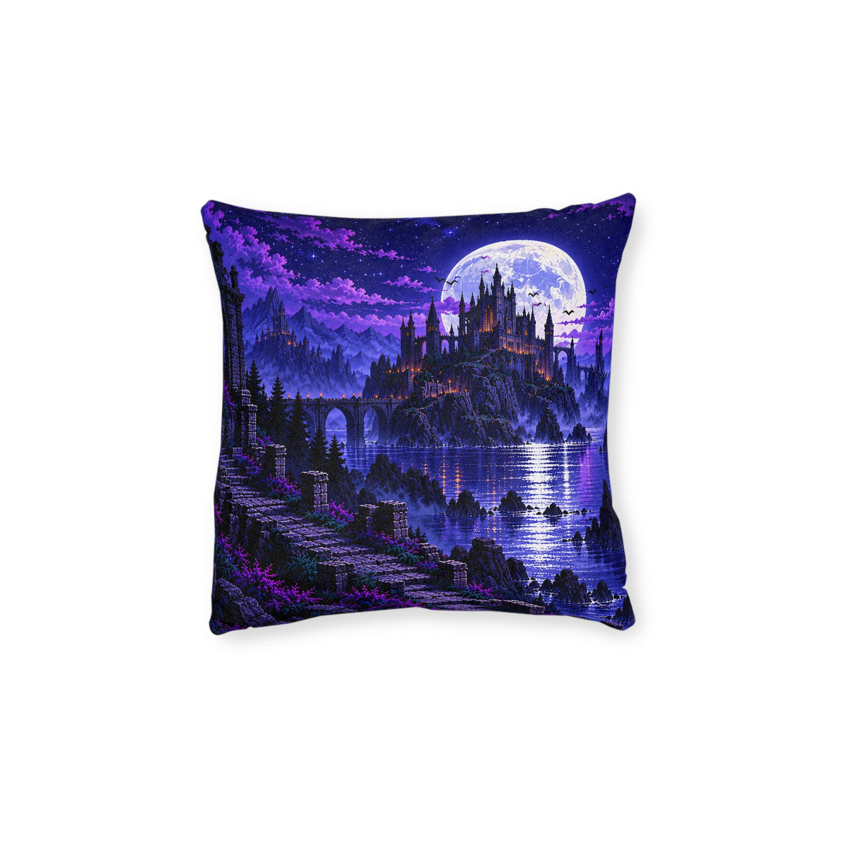 Cushion artwork: A gothic castle rises above a reflective lake beneath a brilliant full moon, with violet clouds and dark pines framing its many towers.