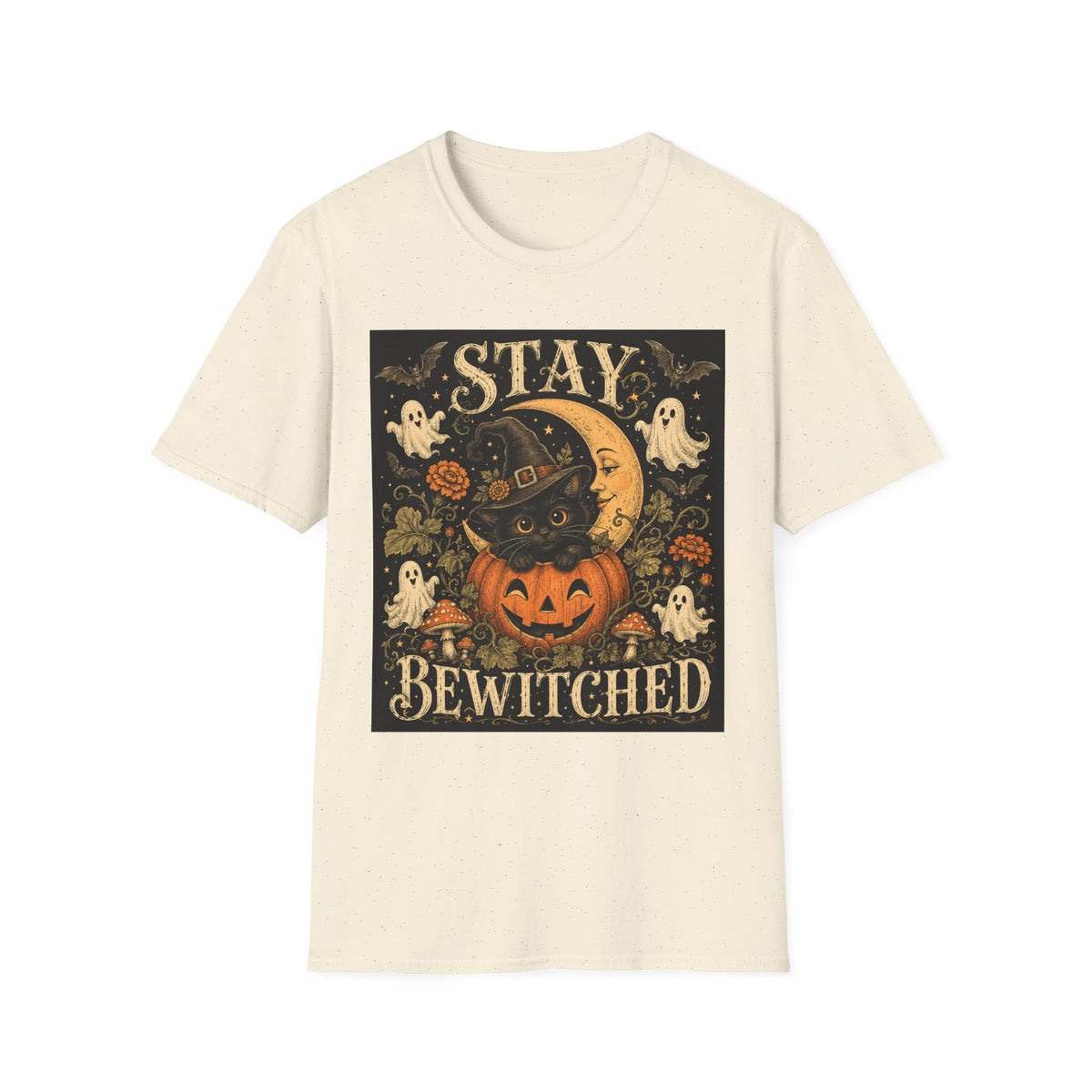 Halloween 'Stay Bewitched' T‑Shirt — Vintage Moon, Black Cat & Pumpkin Design