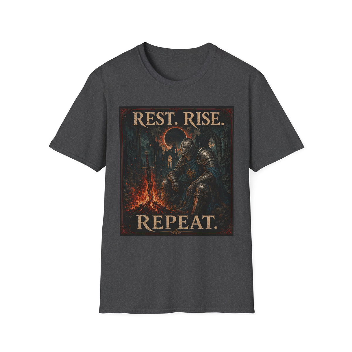 Rest. Rise. Repeat. T‑Shirt — Dark Souls Fantasy Knight Graphic Tee