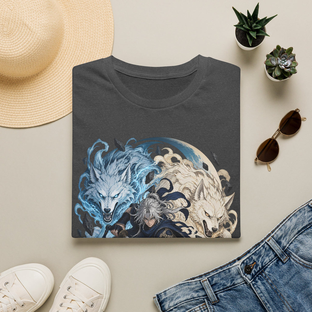 Wolf Spirit T-Shirt | Japanese Samurai | Yin Yang Blue & White Wolves Graphic Tee