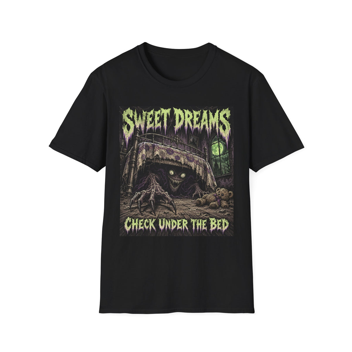 Sweet Dreams Horror T-Shirt — “Check Under the Bed” Gothic Sleep Tee