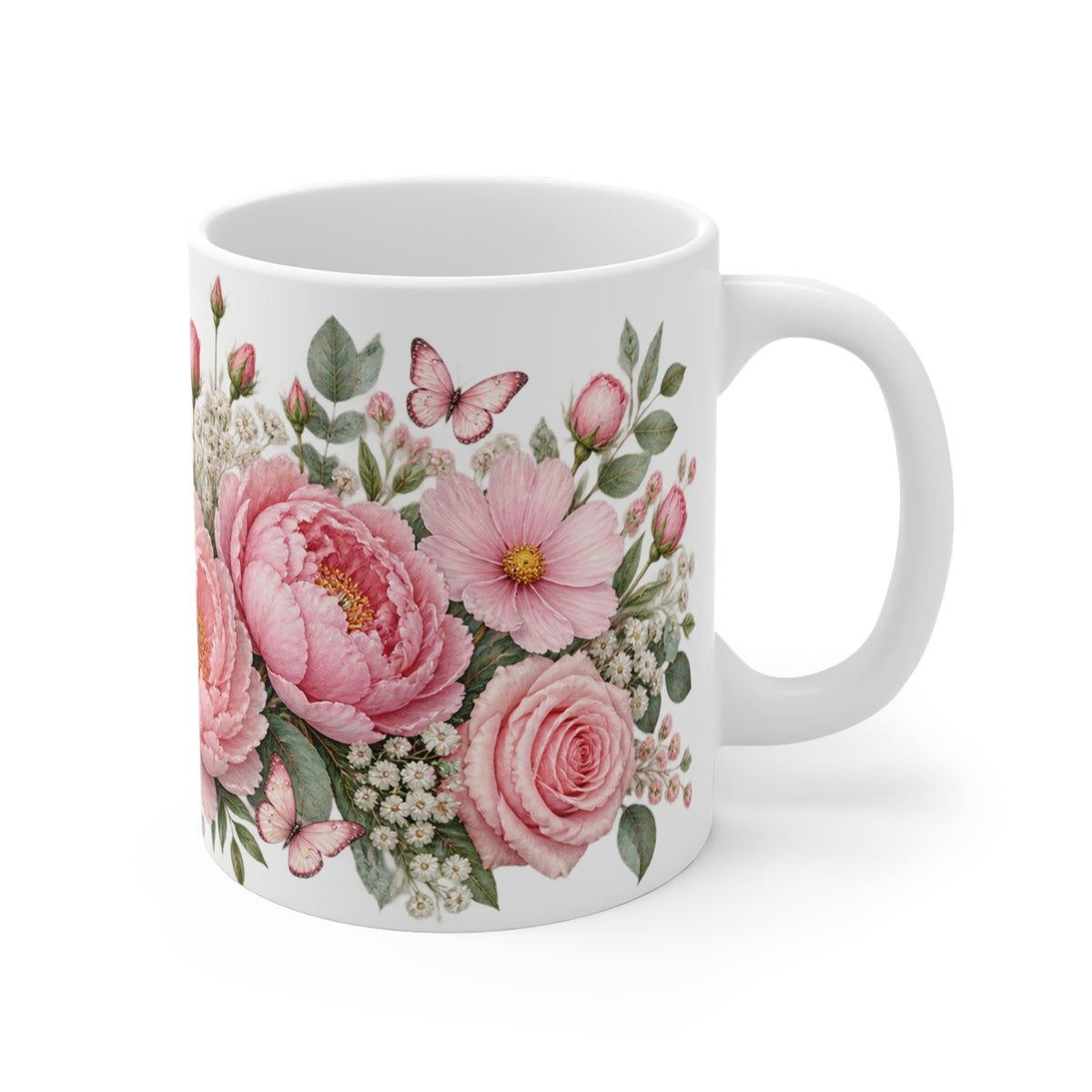 Pastel Pink Flowers and Butterflies Mug | Floral Design