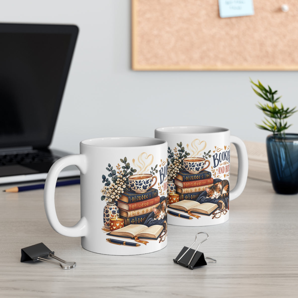 Bookish & Busy | Cute Book and Cat Lovers Coffee Mug Gift (11oz)