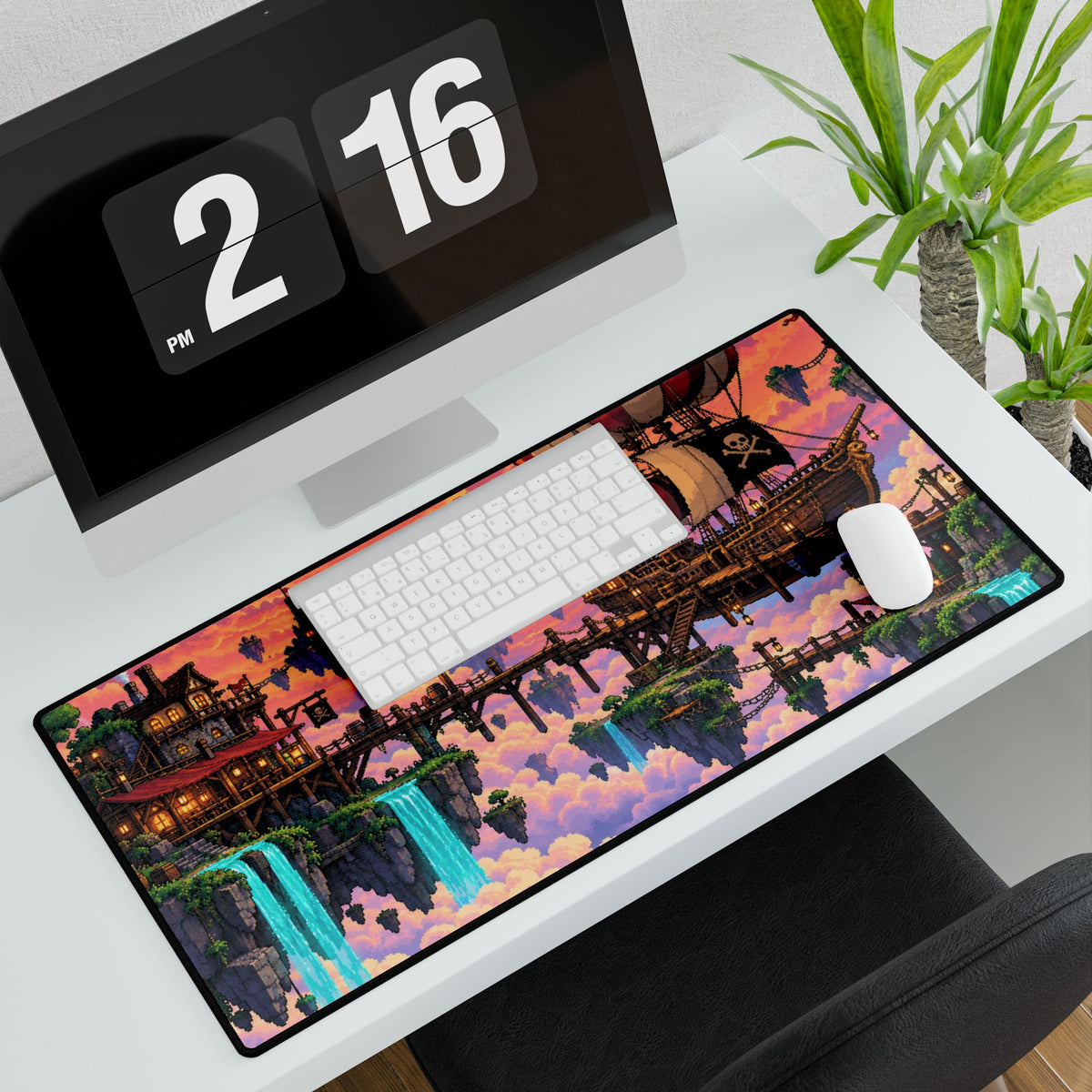 Pirate Skyship Fantasy Desk Mat — Sunset Floating Islands Gaming Mouse Pad