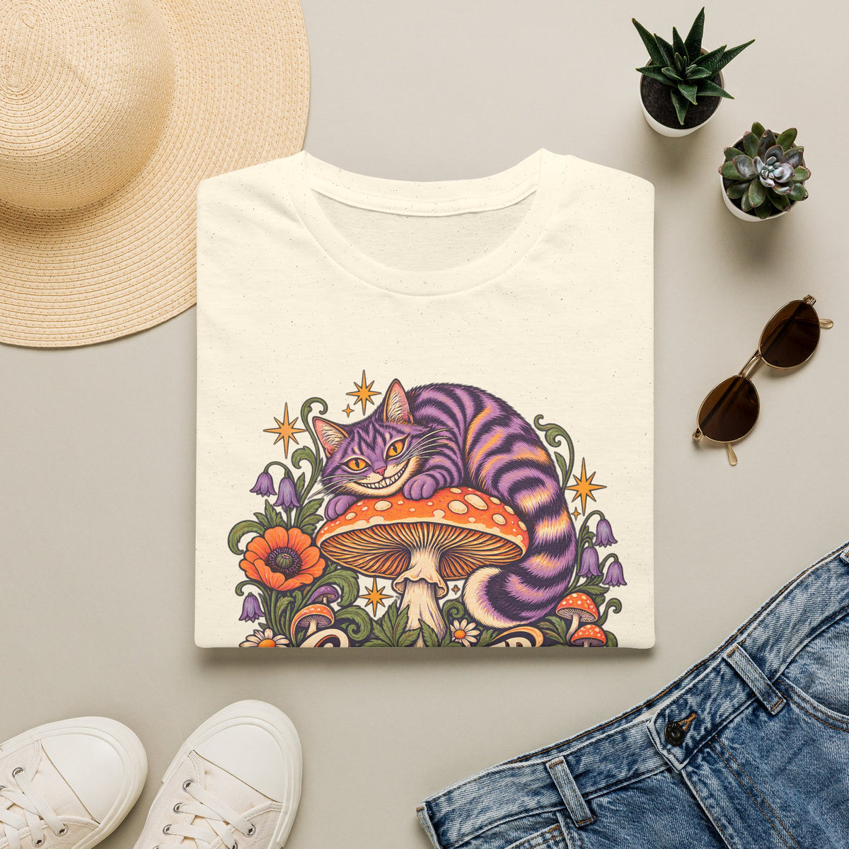 Cheshire Cat | Curiouser & Curiouser | Whimsical Mushroom Design Graphic Shirt