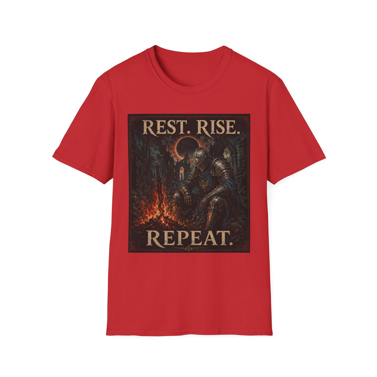 Rest. Rise. Repeat. T‑Shirt — Dark Souls Fantasy Knight Graphic Tee