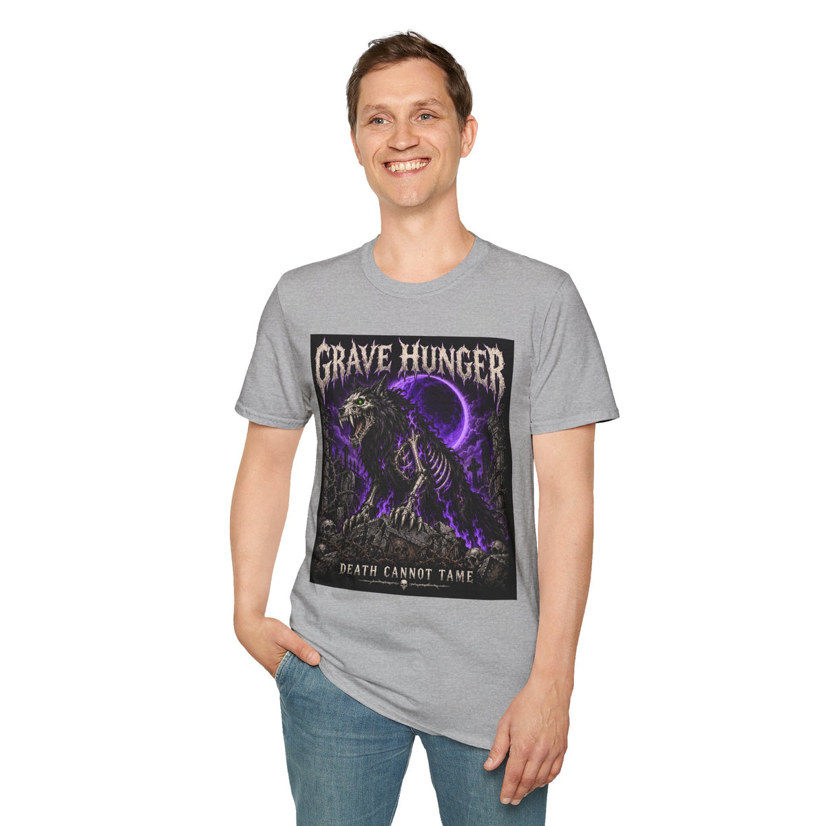 Grave Hunger Gothic Band Tee — Purple Reaper Graphic T-Shirt