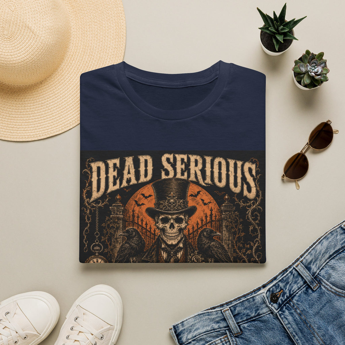 Halloween T-Shirt — "Dead Serious About Halloween" Skull & Pumpkin Vintage Design