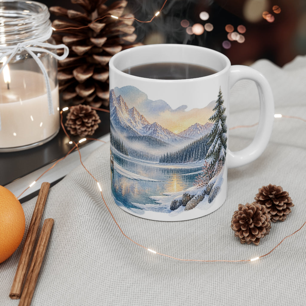 Snowy Cabin Mug | Winter Lake Watercolour | Cosy Cottage Gift