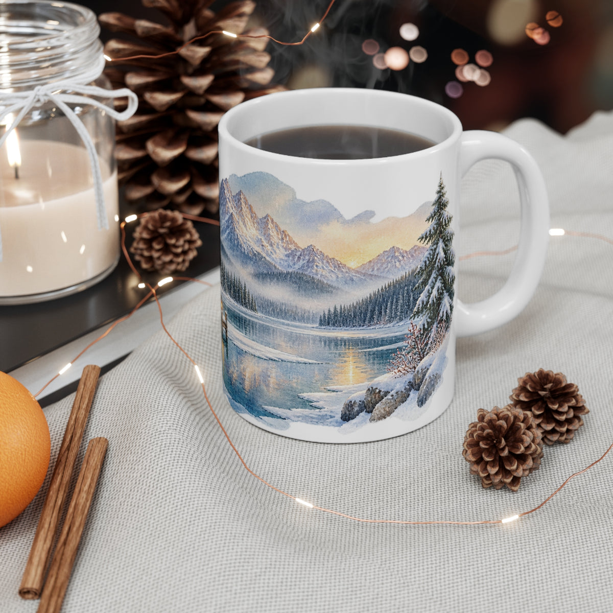 Snowy Cabin Mug | Winter Lake Watercolour | Cosy Cottage Gift