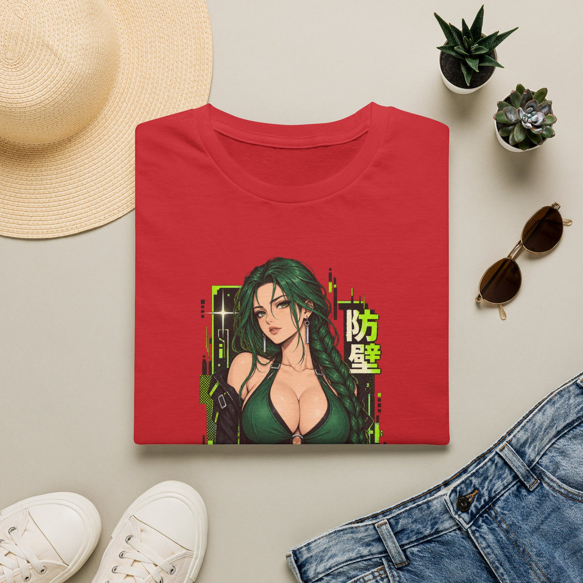 Jade | Anime Green-Haired Sexy Pin Up Girl Warrior Graphic Shirt