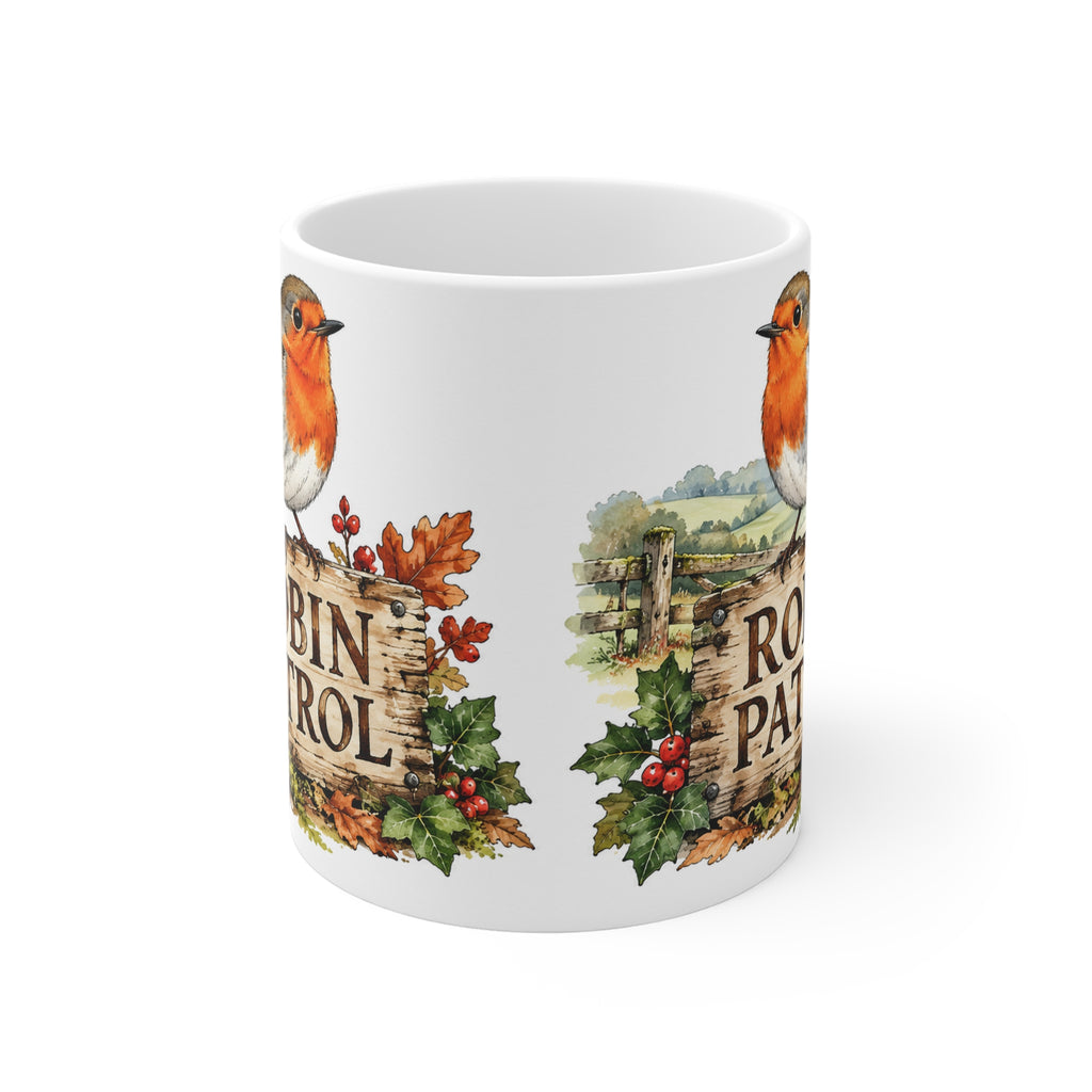 Robin Patrol Mug | Rustic Robin & Woodland Bird Watcher Coffee Cup (11oz)