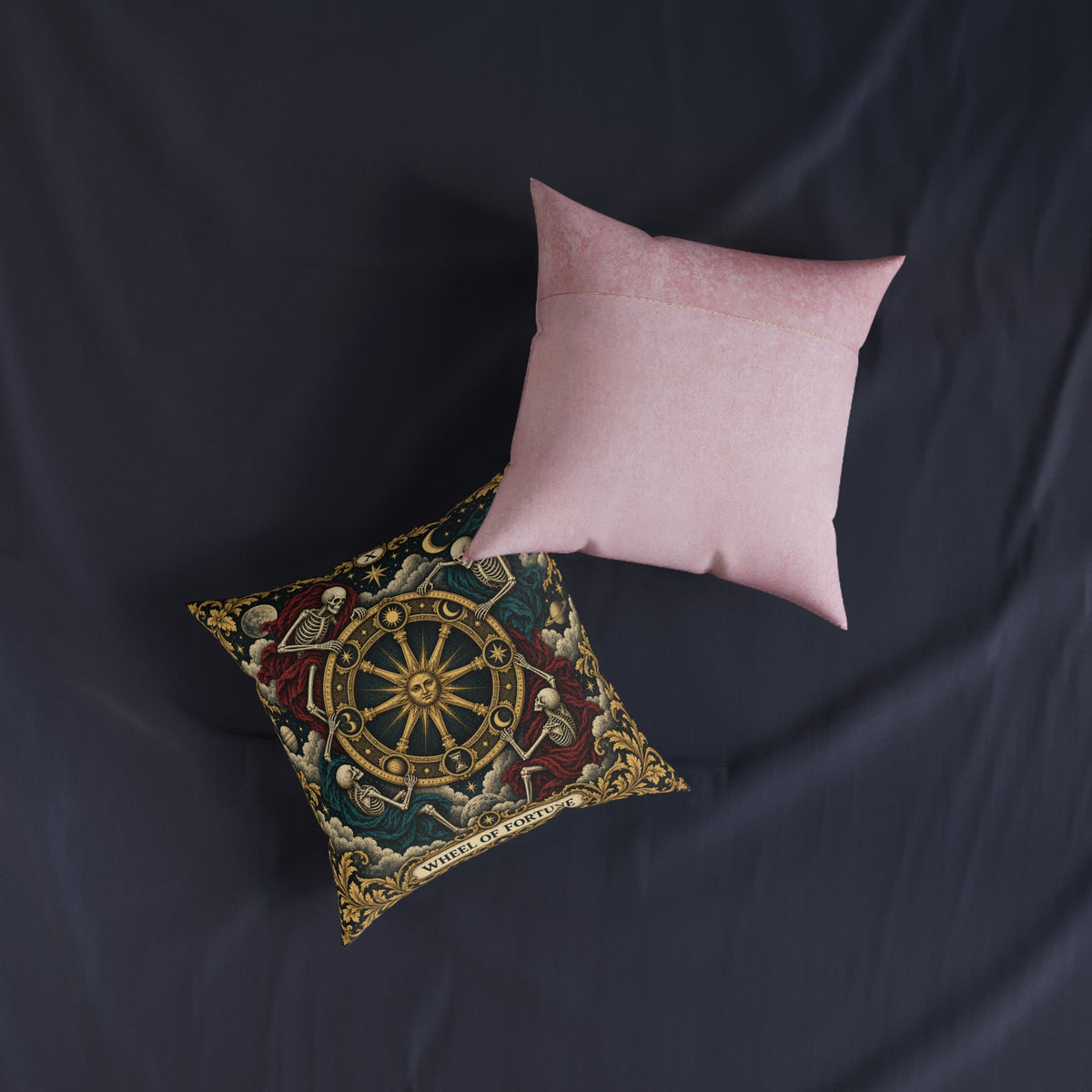 Wheel of Fortune Tarot Cushion, Gothic Skeleton Pillow