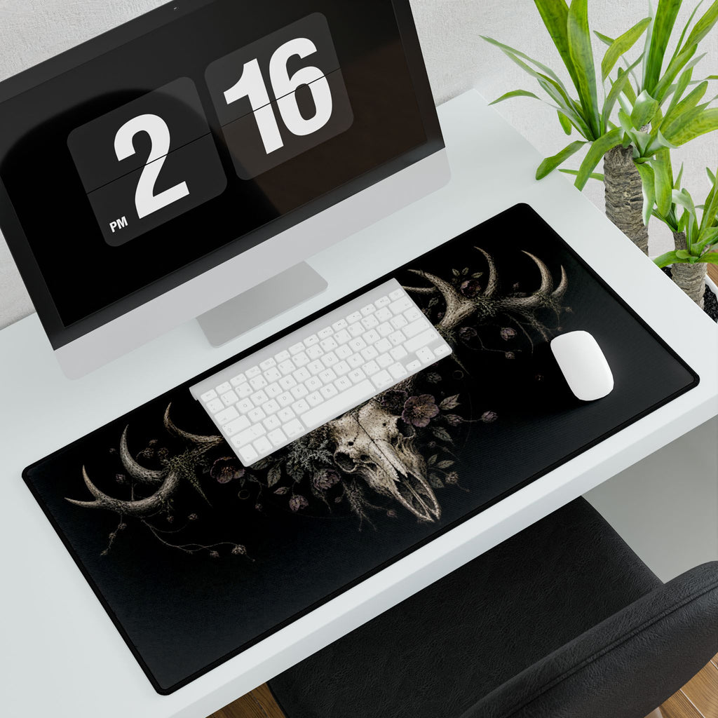 Mouse Mat |Antlered Deer Skull & Dark Florals | Gothic Nature Art Desk Pad