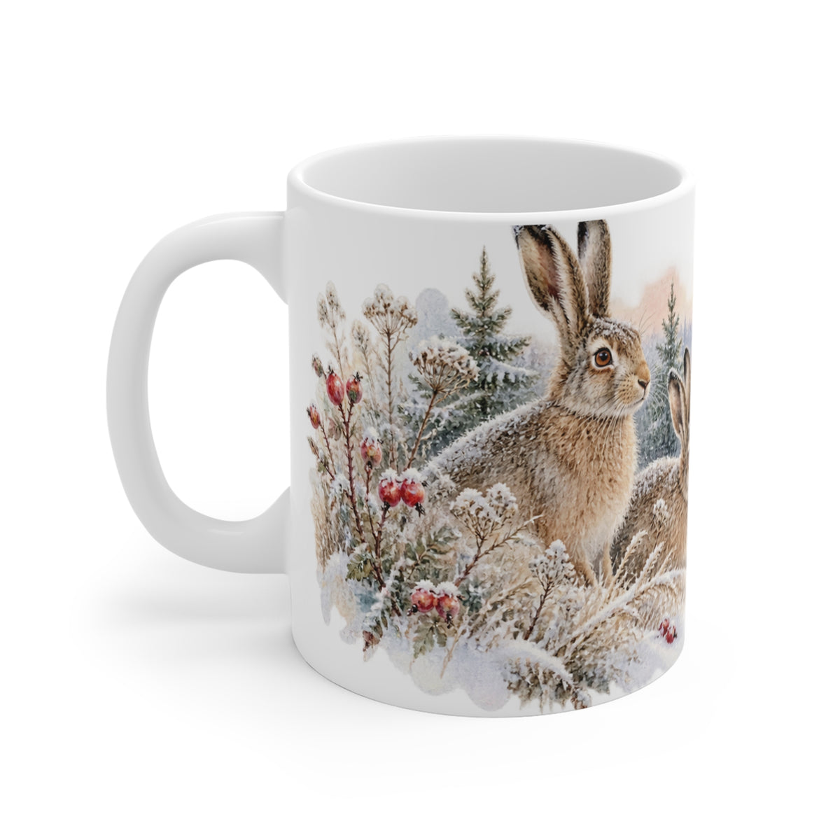 Winter Hare Mug | Snowy Meadow Watercolour | Woodland Animal Gift