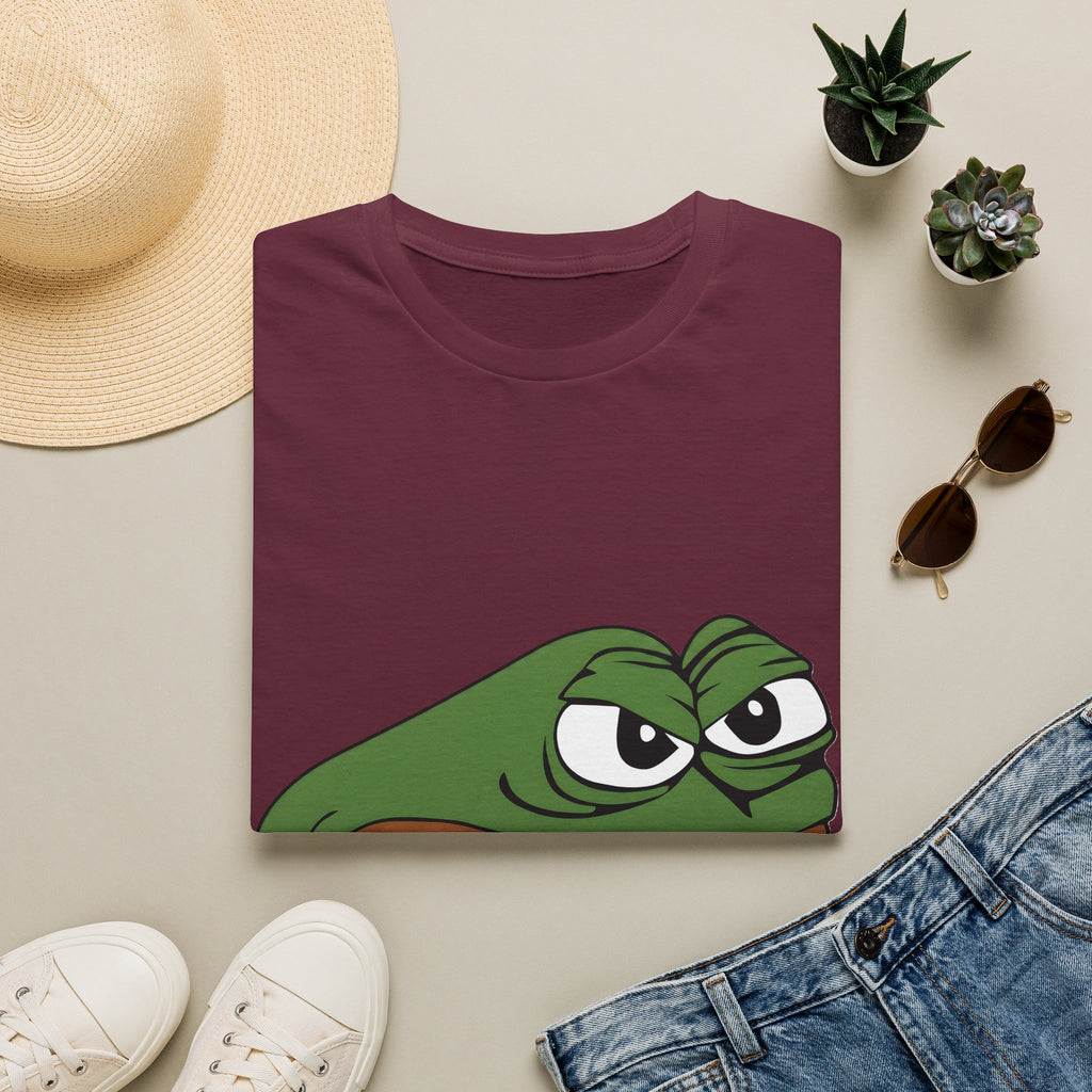 grumpy pepe frog graphic tee, product image showing the garment or product detail.