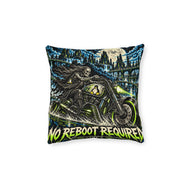 Cushion artwork: A skeletal biker rides a green-accented motorcycle through a moonlit gothic landscape, with a Linux penguin emblem on the bike.