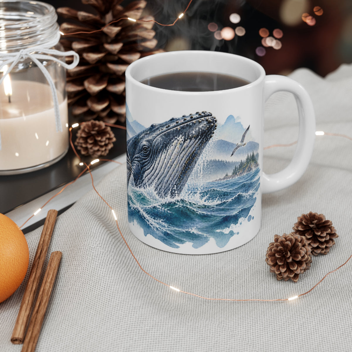 Whale and Waves Watercolour Mug | Nautical Ocean Wildlife