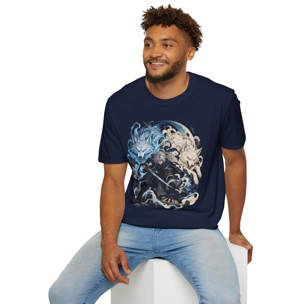 Wolf Spirit T-Shirt | Japanese Samurai | Yin Yang Blue & White Wolves Graphic Tee