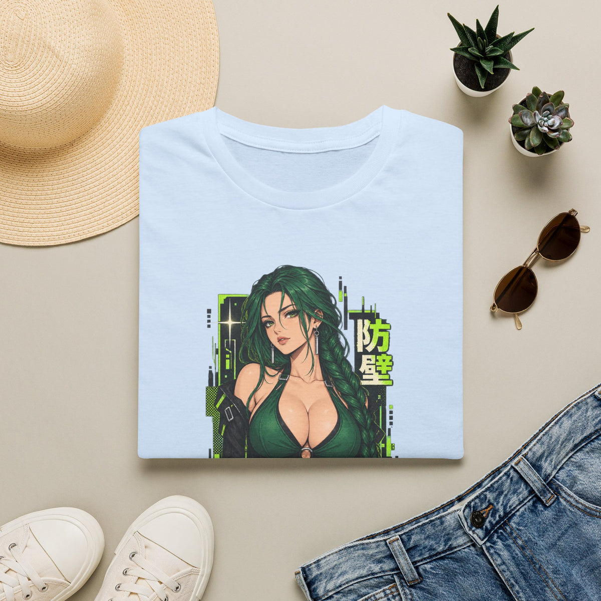 Jade | Anime Green-Haired Sexy Pin Up Girl Warrior Graphic Shirt