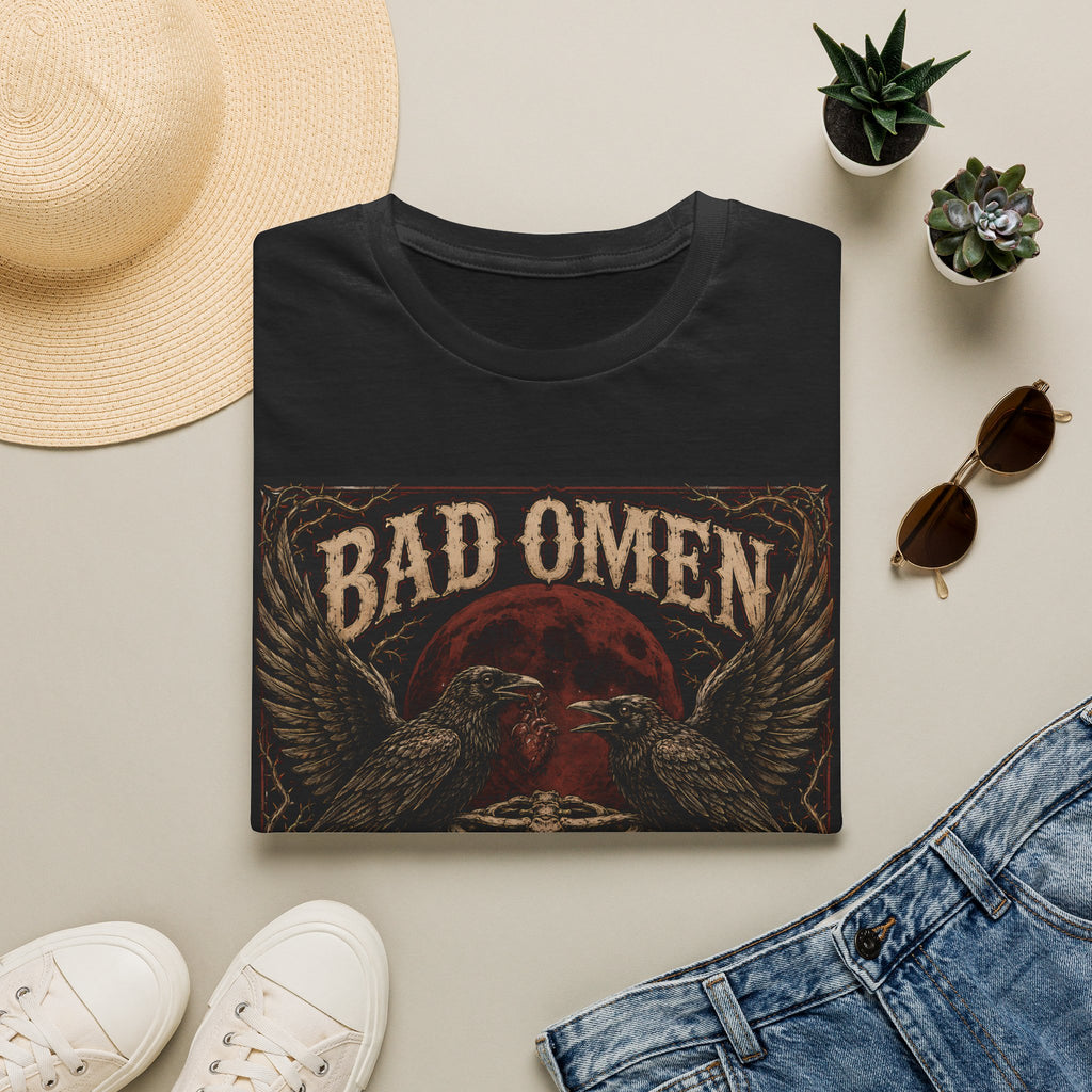 Bad Omen Graphic T‑Shirt — Gothic Raven Skeleton Retro Band Tee