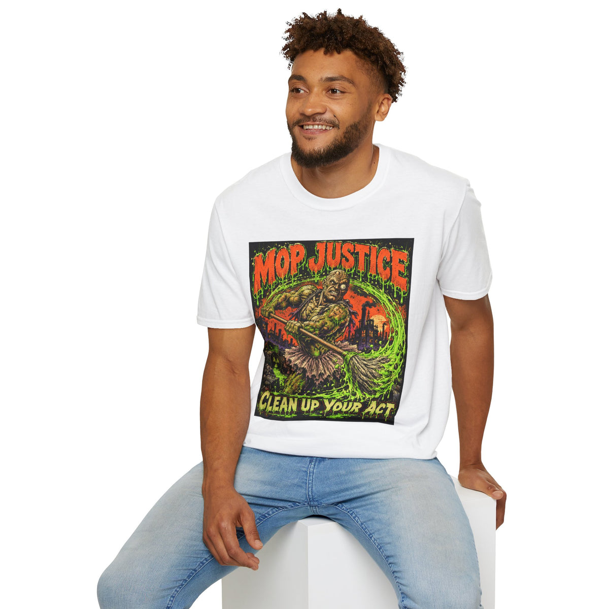 Mop Justice T-Shirt — Retro Horror Cleanup Graphic Tee ("Clean Up Your Act")