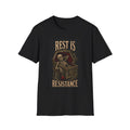 Black T-shirt with Rest Is Resistance text with a resting skeleton, front view.